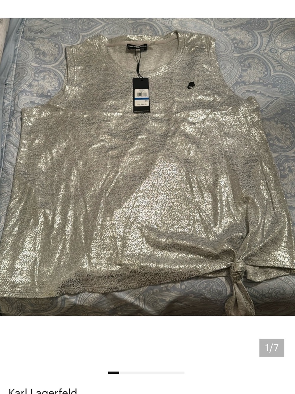 Karl Lagerfeld Metallic Silver Sleeveless Tank with Knot Detail
